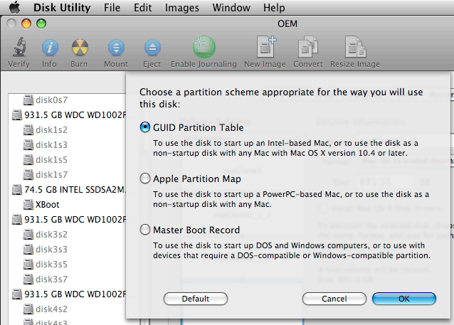 Disk Utility Partition Options