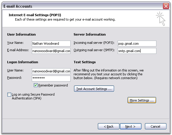 Gmail Account Settings For Outlook 2003