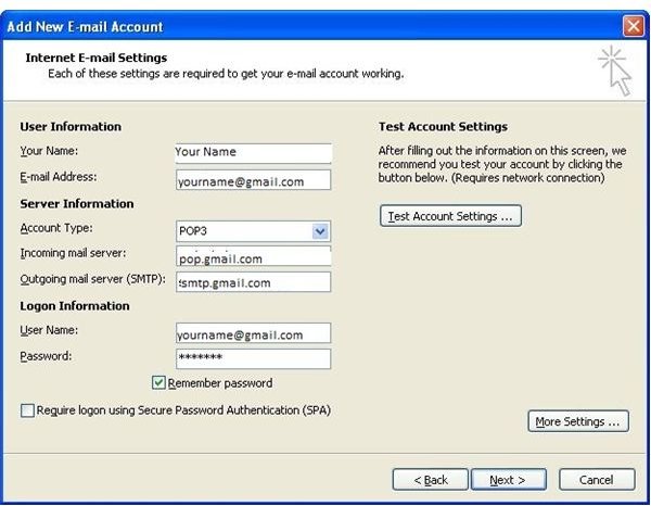 Gmail Account Settings Outlook 2007