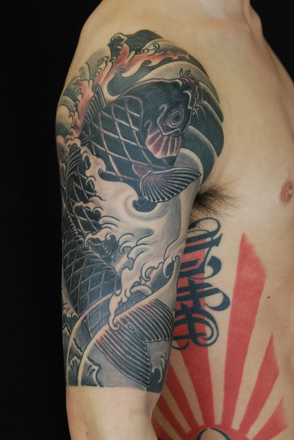 Koi Fish Tattoo Sleeve Black And Grey